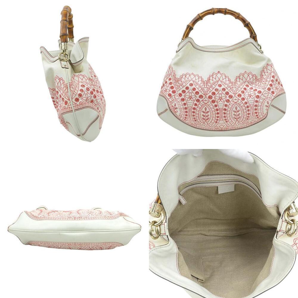 Gucci Red Canvas Bamboo 2way Leather Shoulder Bag Off White Red White